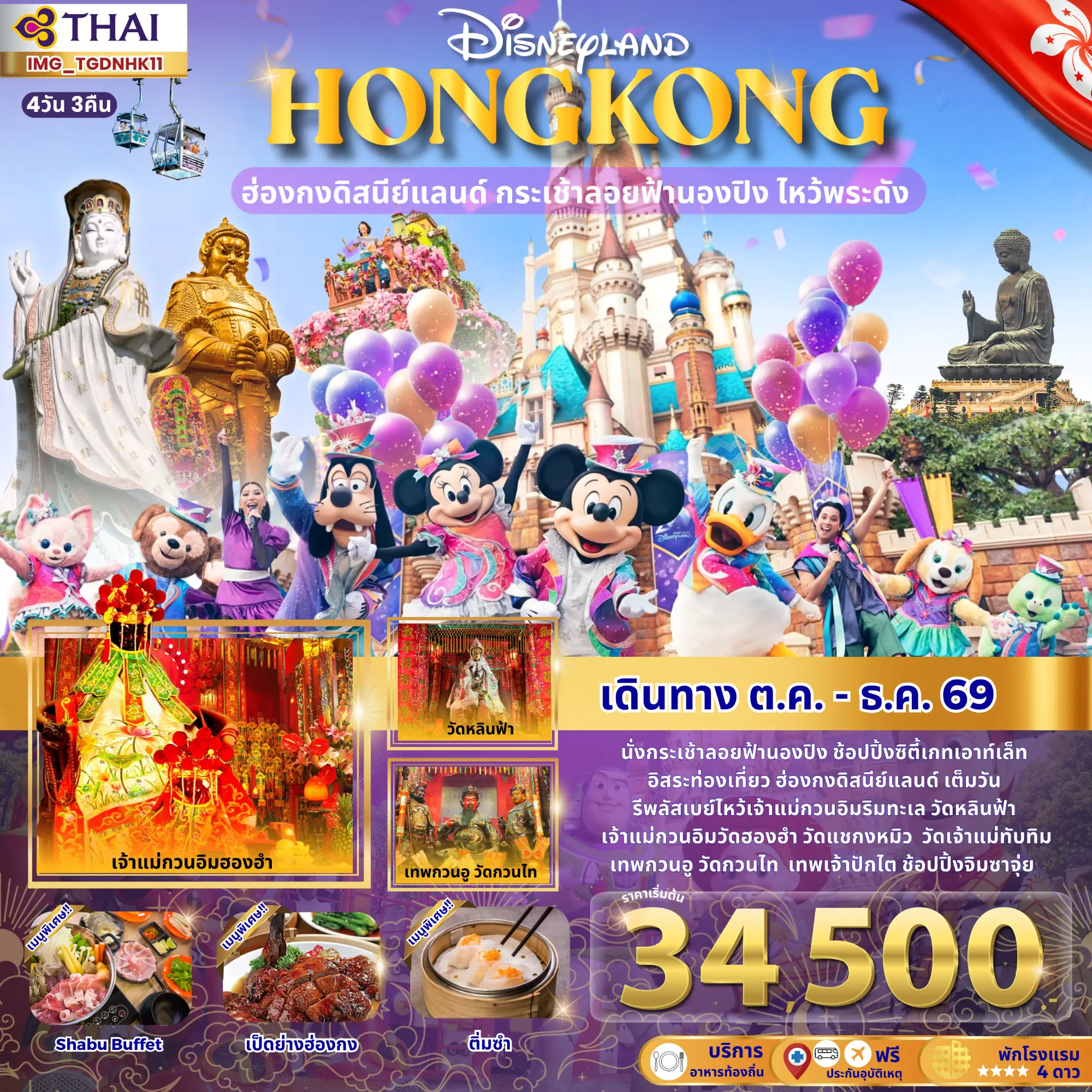 ฮ่องกงดิสนีย์แลนด์ กระเช้าลอยฟ้านองปิง ไหว้พระดัง (พักโรงแรม 4 ดาว)